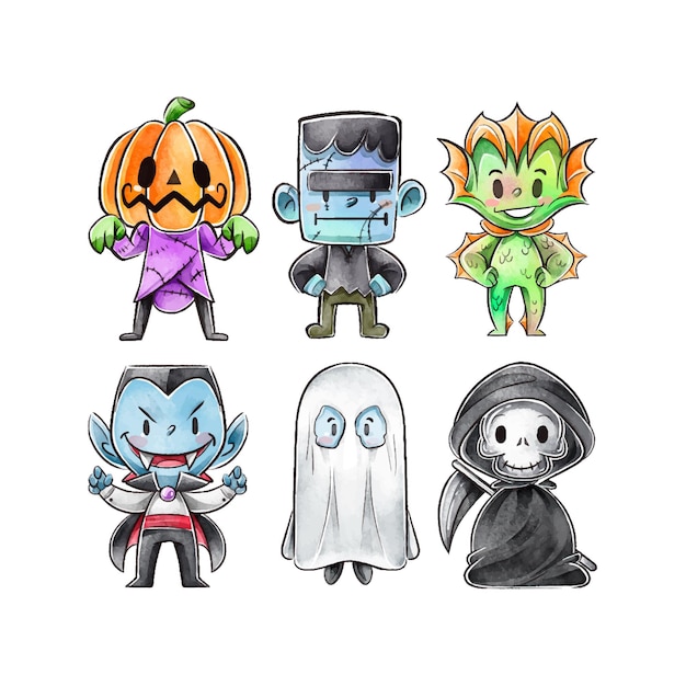 Watercolor halloween character collection