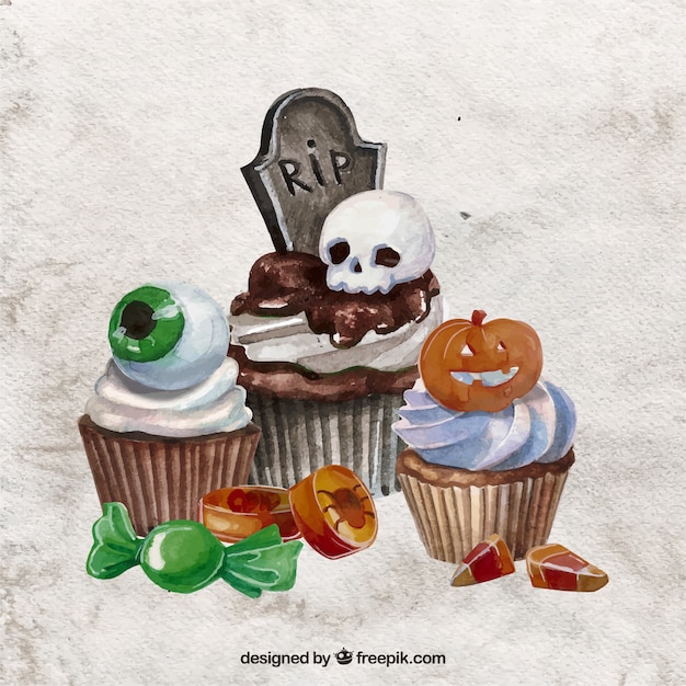 Free Vector watercolor halloween cupcakes