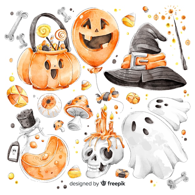 Free vector watercolor halloween cute element collection