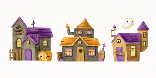 Free Vector watercolor halloween haunted houses collection