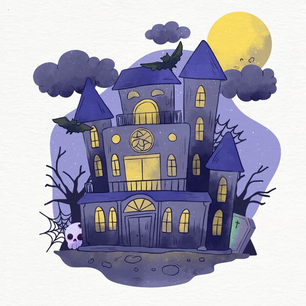 Free Vector watercolor halloween house illustration