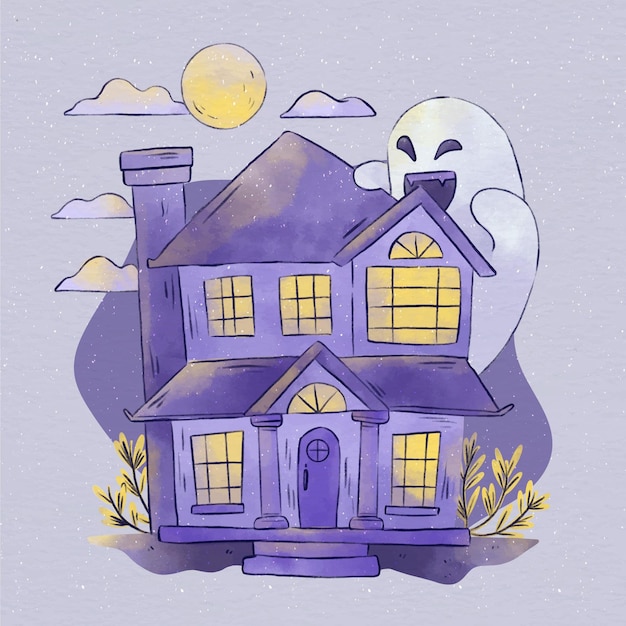 Free Vector watercolor halloween house illustration