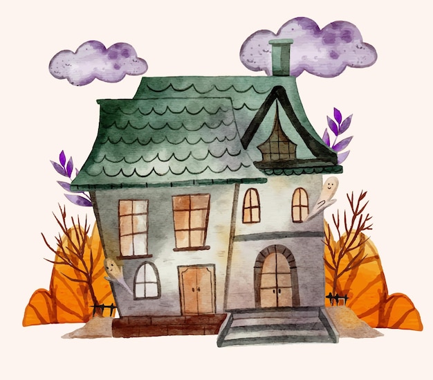 Watercolor halloween house illustration