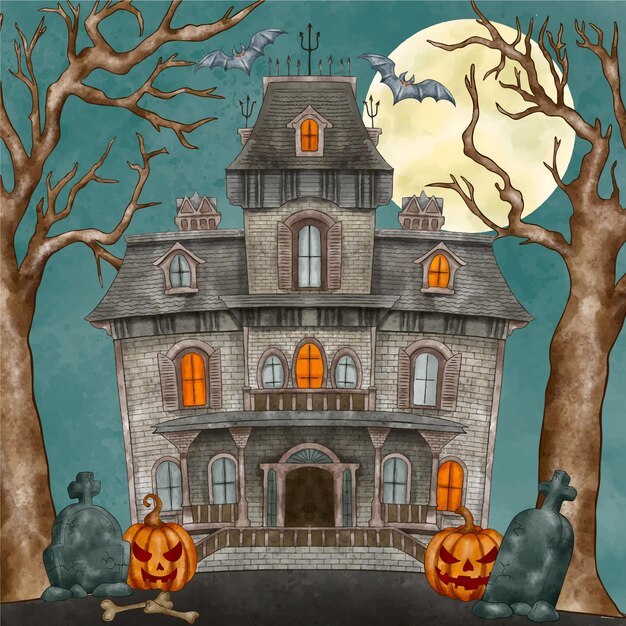 Watercolor halloween house illustration