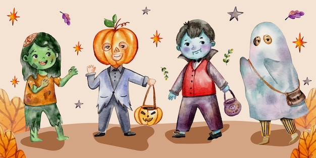 Free vector watercolor halloween kids collection