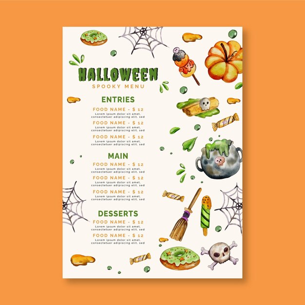 Watercolor halloween menu template