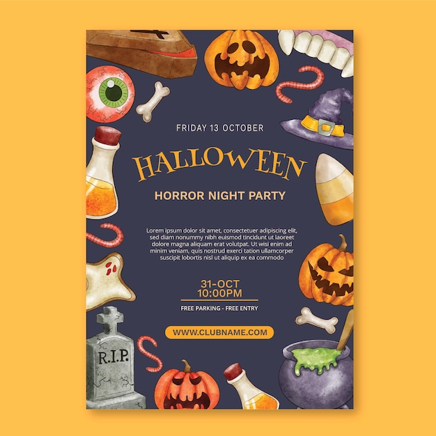 Watercolor halloween party vertical poster template