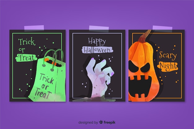 Free Vector watercolor halloween spooky card collection