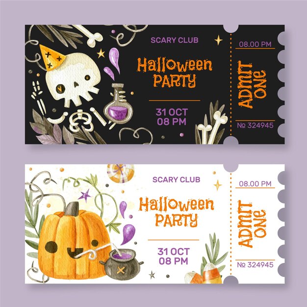 Watercolor halloween tickets set