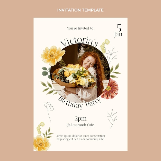 Watercolor hand drawn birthday invitation