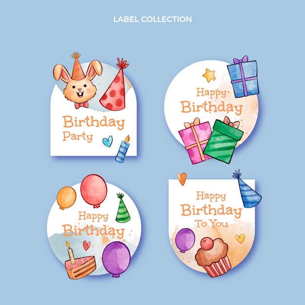 Watercolor hand drawn birthday label and badges