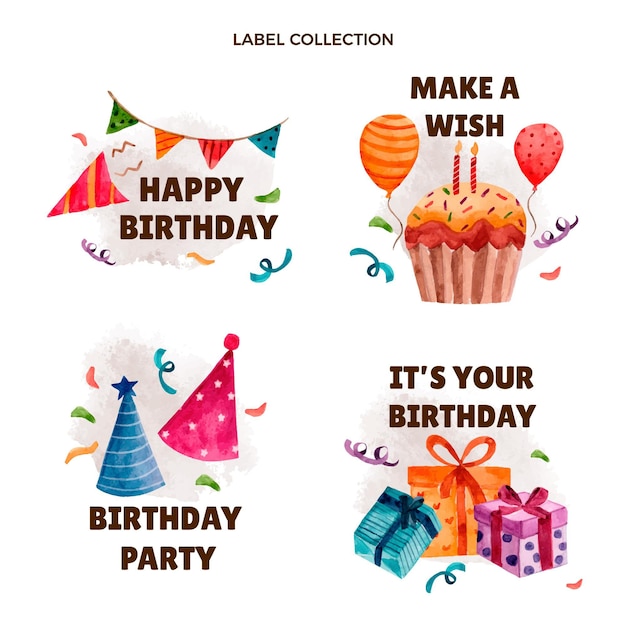 Free Vector watercolor hand drawn birthday labels