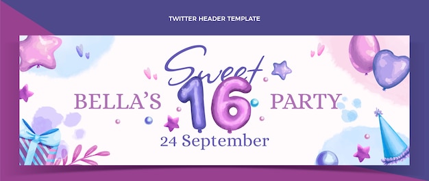 Free Vector watercolor hand drawn sweet sixteen twitter header