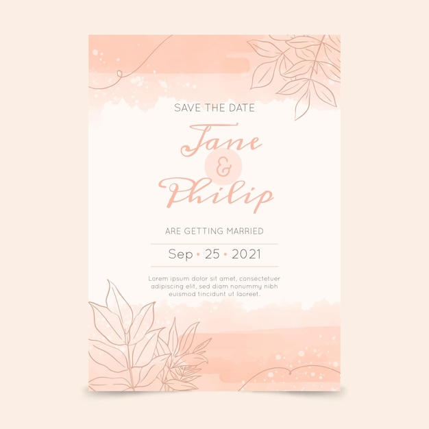 Watercolor hand drawn wedding invitation template