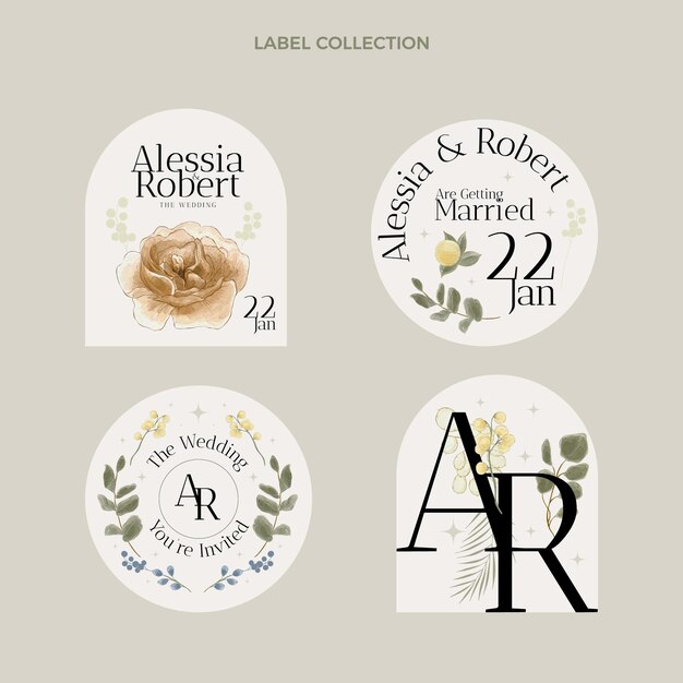 Watercolor hand drawn wedding labels