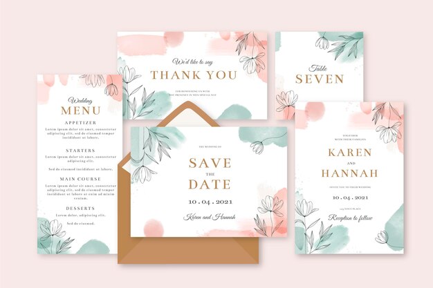 Watercolor hand drawn wedding stationery