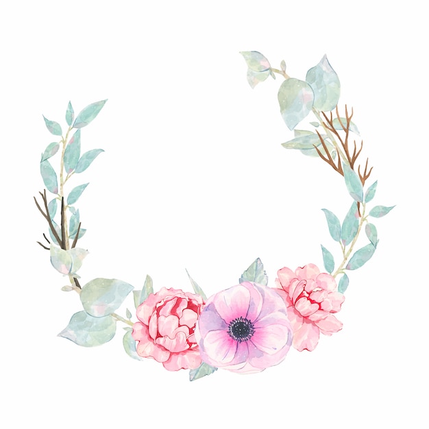 Watercolor hand painted round wreath with flower pink peony anemone and green leaves isolated on white