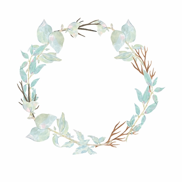 Watercolor hand painted round wreath with flower pink peony anemone and green leaves isolated on white