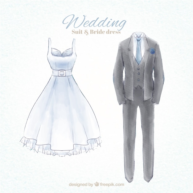 Watercolor hand painted wedding suit and dress