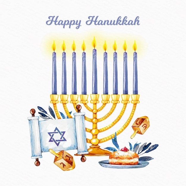 Free Vector watercolor hanukkah illustration with delicious cake and candles