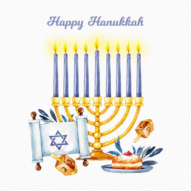 Watercolor hanukkah illustration with delicious cake and candles