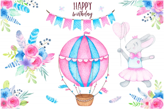 Free vector watercolor happy birthday party set with bunny air balloon garland and flowers bouquets feathers