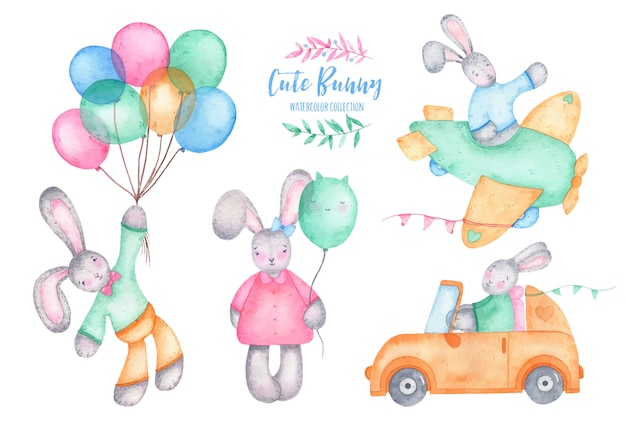 Free vector watercolor happy easter cute bunny rabbit with air balloons on car and plane