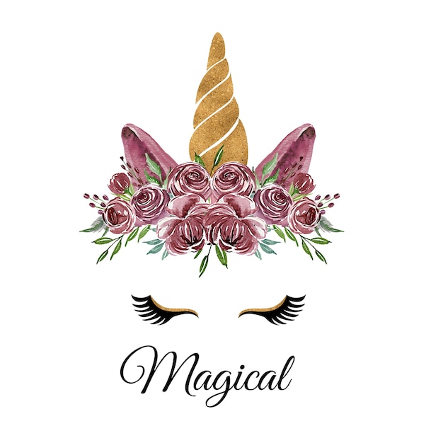 Free vector watercolor head of unicorn with floral wreath purple