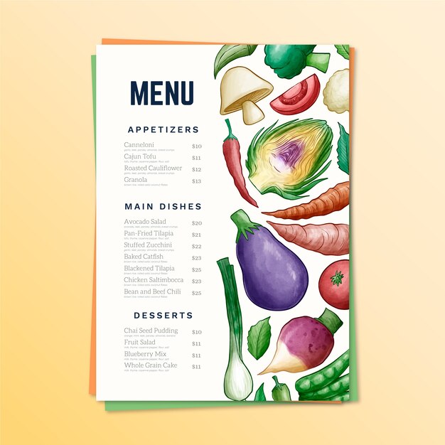 Watercolor healthy food restaurant menu template