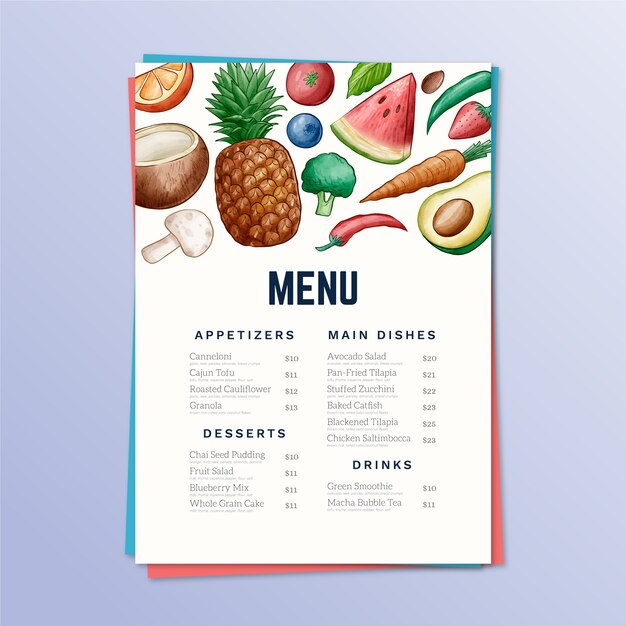 Watercolor healthy food restaurant menu template