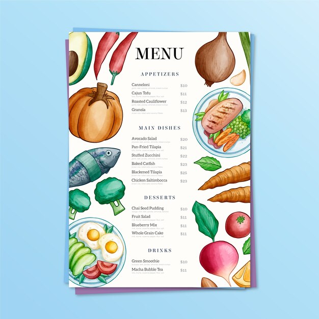 Watercolor healthy food restaurant menu template