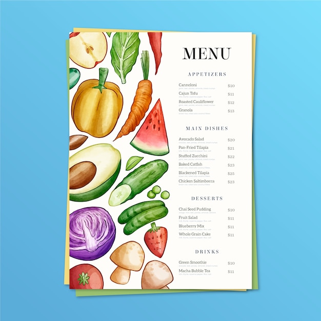 Watercolor healthy food restaurant menu template