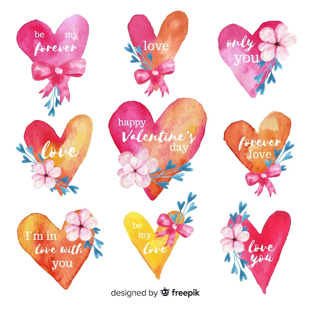 Free Vector watercolor hearts valentine label pack