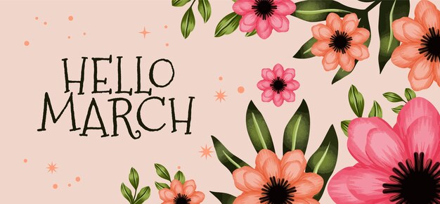 Watercolor hello march background and banner