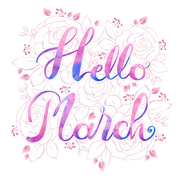 Watercolor hello march lettering