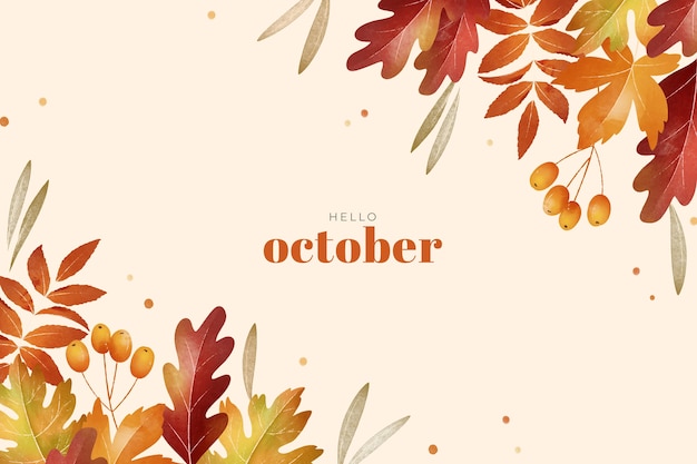 Watercolor hello october background for autumn celebration