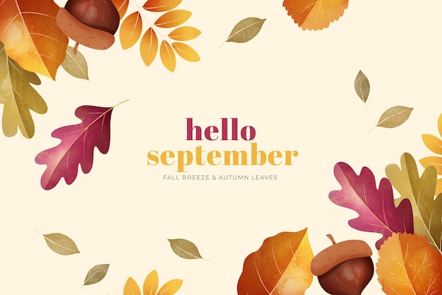 Watercolor hello september background for autumn celebration