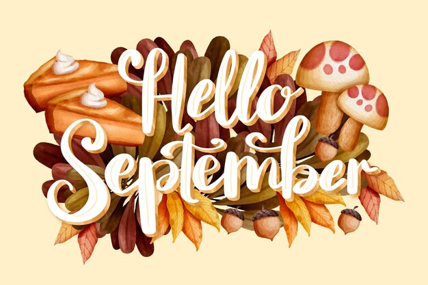 Watercolor hello september lettering