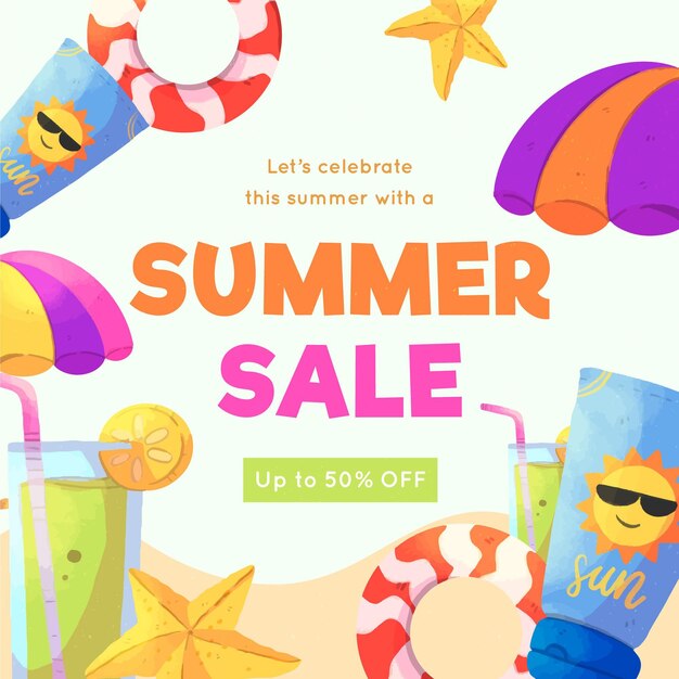 Watercolor hello summer sale with beach