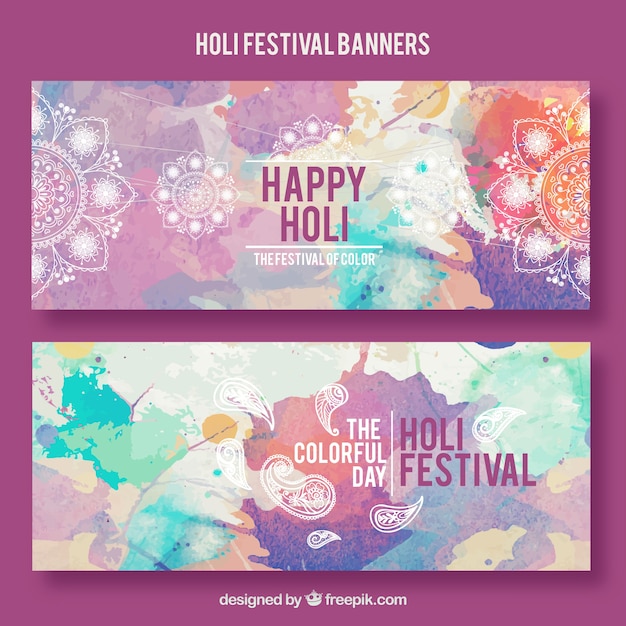 Free vector watercolor holi festival banners with mandala