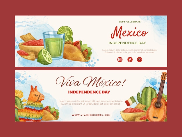 Free Vector watercolor horizontal banners collection for mexico independence celebration