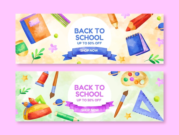 Free Vector watercolor horizontal sale banner template for back to school season