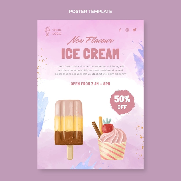 Watercolor ice cream poster template