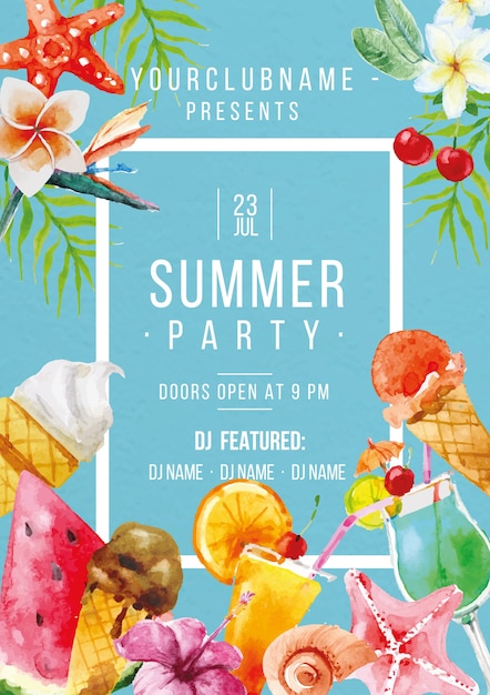 Free Vector watercolor ice-creams and fruits party poster  