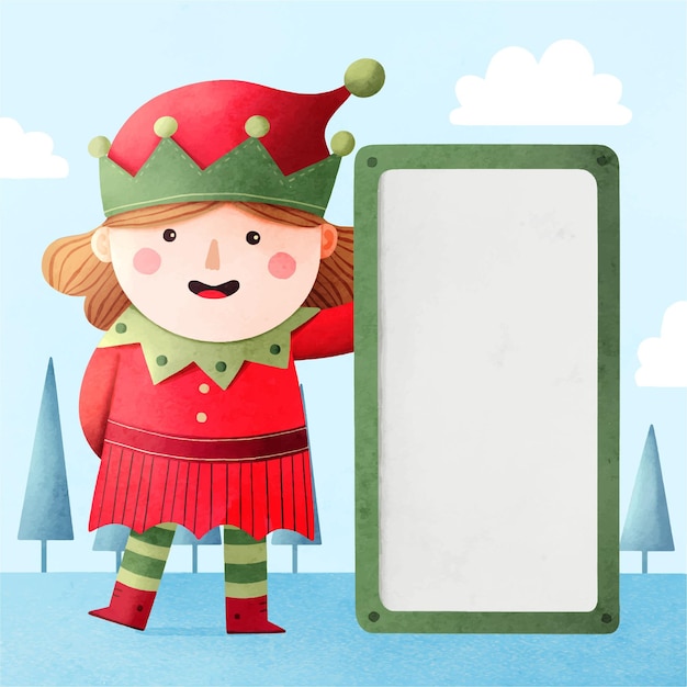 Watercolor illustration of christmas character holding blank banner