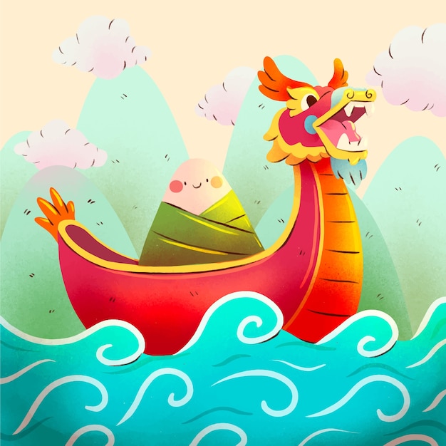 Free Vector watercolor illustration for islamic chinese dragon boat festival celebration