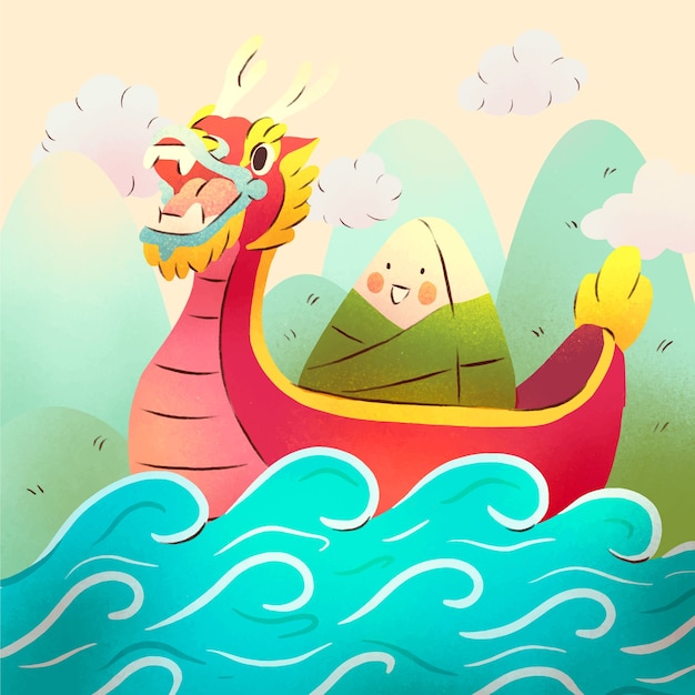 Free Vector watercolor illustration for islamic chinese dragon boat festival celebration