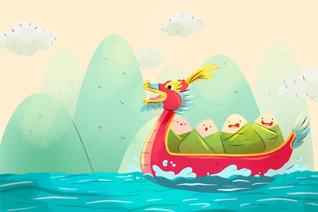 Watercolor illustration for islamic chinese dragon boat festival celebration