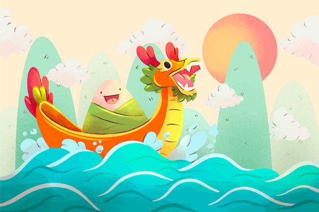 Free Vector watercolor illustration for islamic chinese dragon boat festival celebration