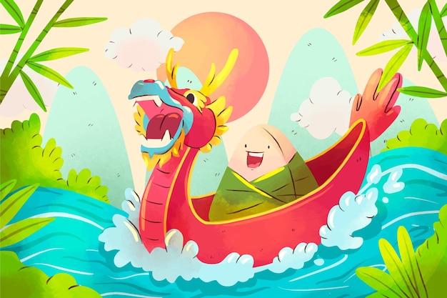 Free Vector watercolor illustration for islamic chinese dragon boat festival celebration